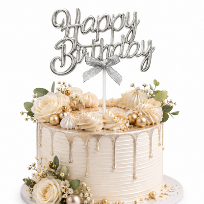 Happy Birthday Cake Topper Silver - Wanna Party - closeup