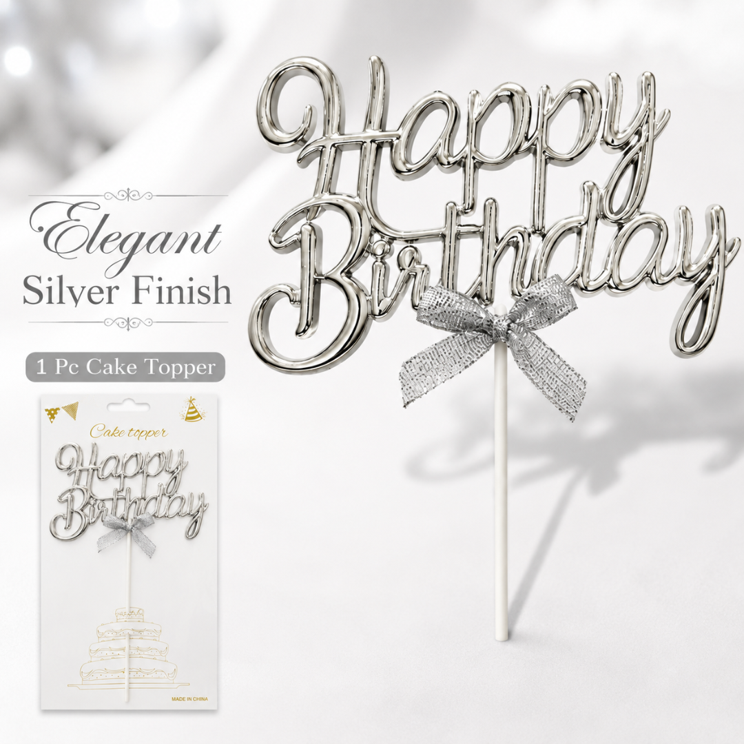 Happy Birthday Cake Topper Silver - Wanna Party - side angle