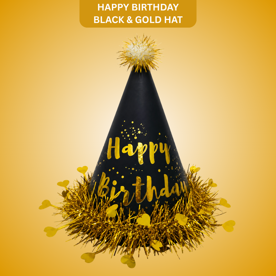 Black & Gold Happy Birthday Caps, Birthday Hats for Kids and Adults-Pack of 1