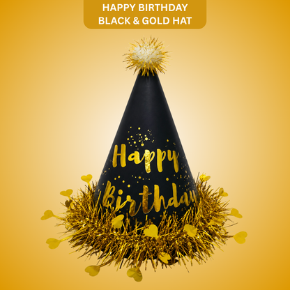 Black & Gold Happy Birthday Caps, Birthday Hats for Kids and Adults-Pack of 1