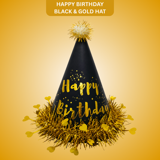 Black & Gold Happy Birthday Caps, Birthday Hats for Kids and Adults-Pack of 1