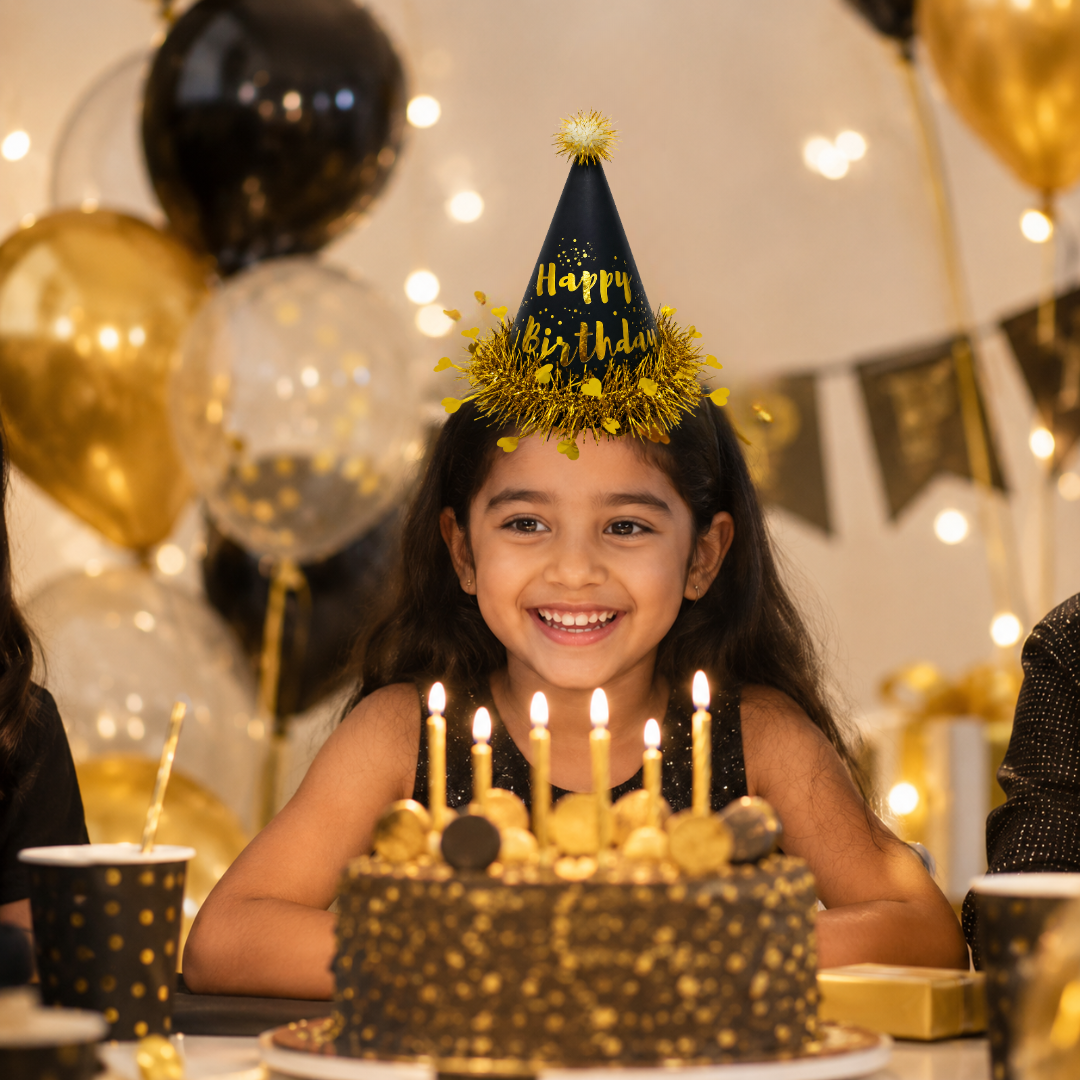 Black & Gold Happy Birthday Caps, Birthday Hats for Kids and Adults-Pack of 1
