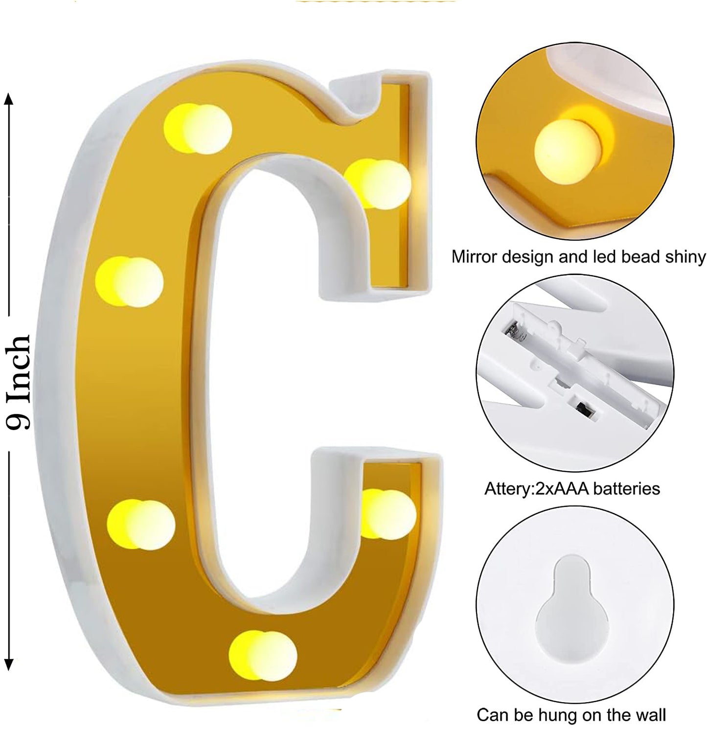 LED Golden Marquee Letter C 11 inch - Light Up Sign | Wanna Party - Image 2