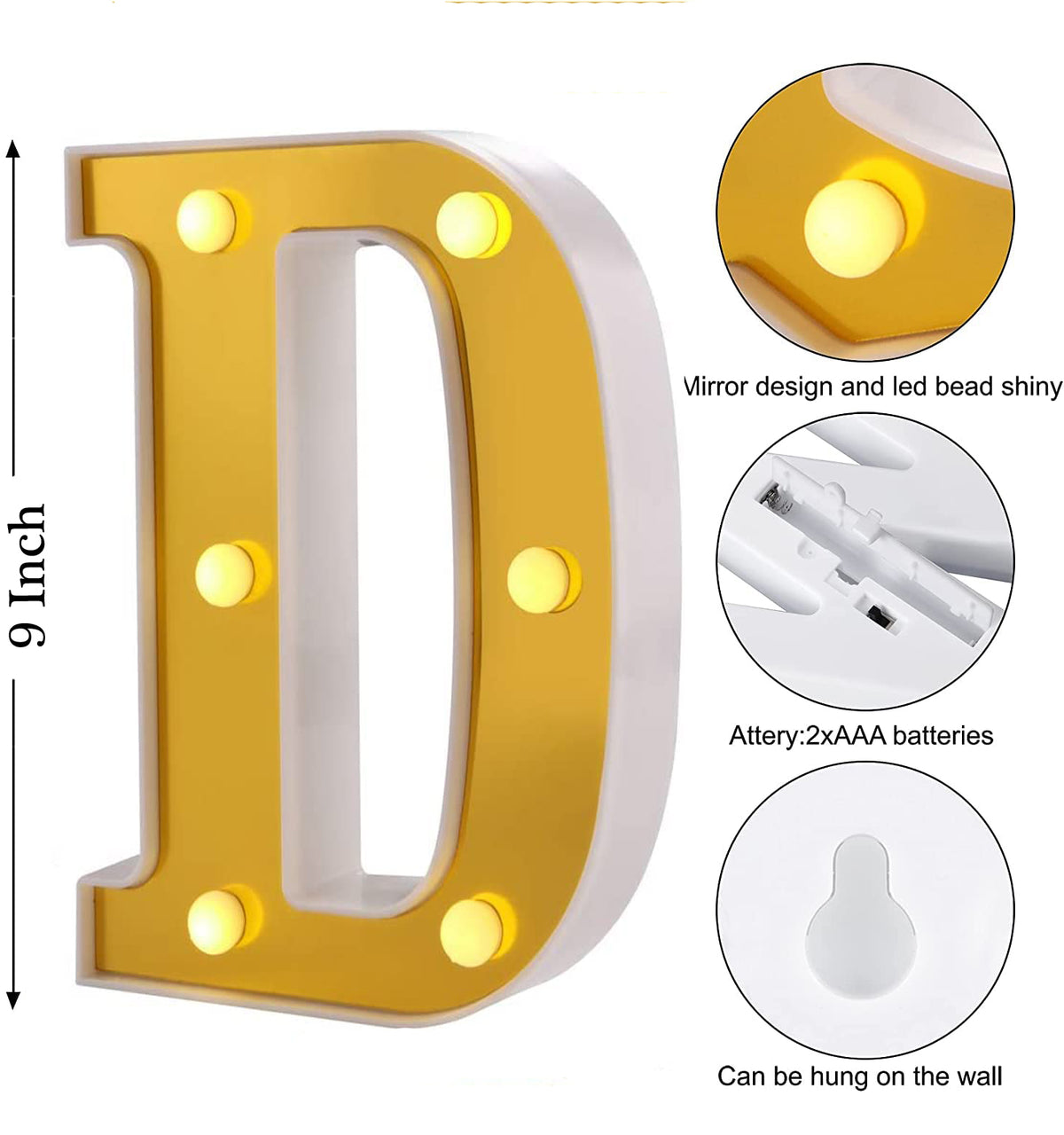 LED Golden Marquee Letter D 11 inch - Light Up Sign | Wanna Party - Image 2