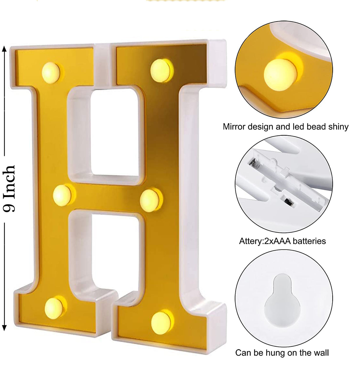 LED Golden Marquee Letter H 11 inch - Light Up Sign | Wanna Party - Image 6