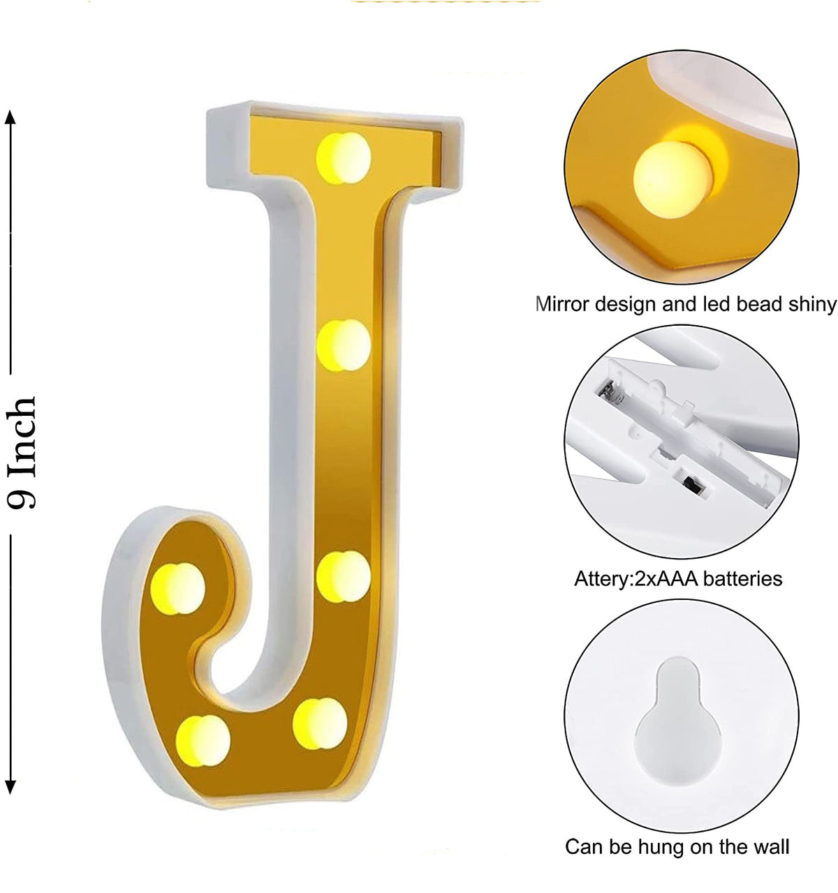 LED Golden Marquee Letter J 11 inch - Light Up Sign | Wanna Party - Image 2