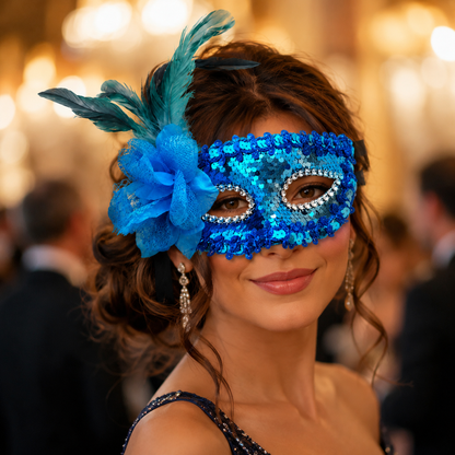 Blue Sequin Eye Mask with Blue Flower