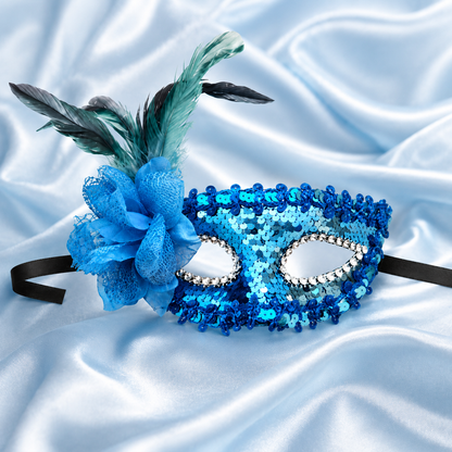 Blue Sequin Eye Mask with Blue Flower