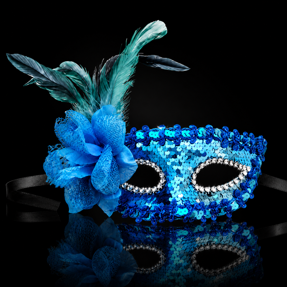 Blue Sequin Eye Mask with Blue Flower