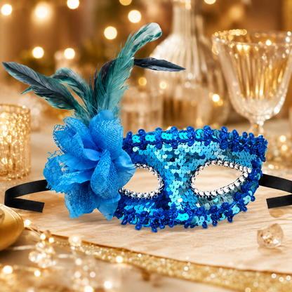 Blue Sequin Eye Mask with Blue Flower