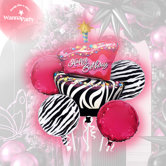 "Happy Birthday Pink & Black Zebra Stripes Balloon - Helium Quality- 5PC "