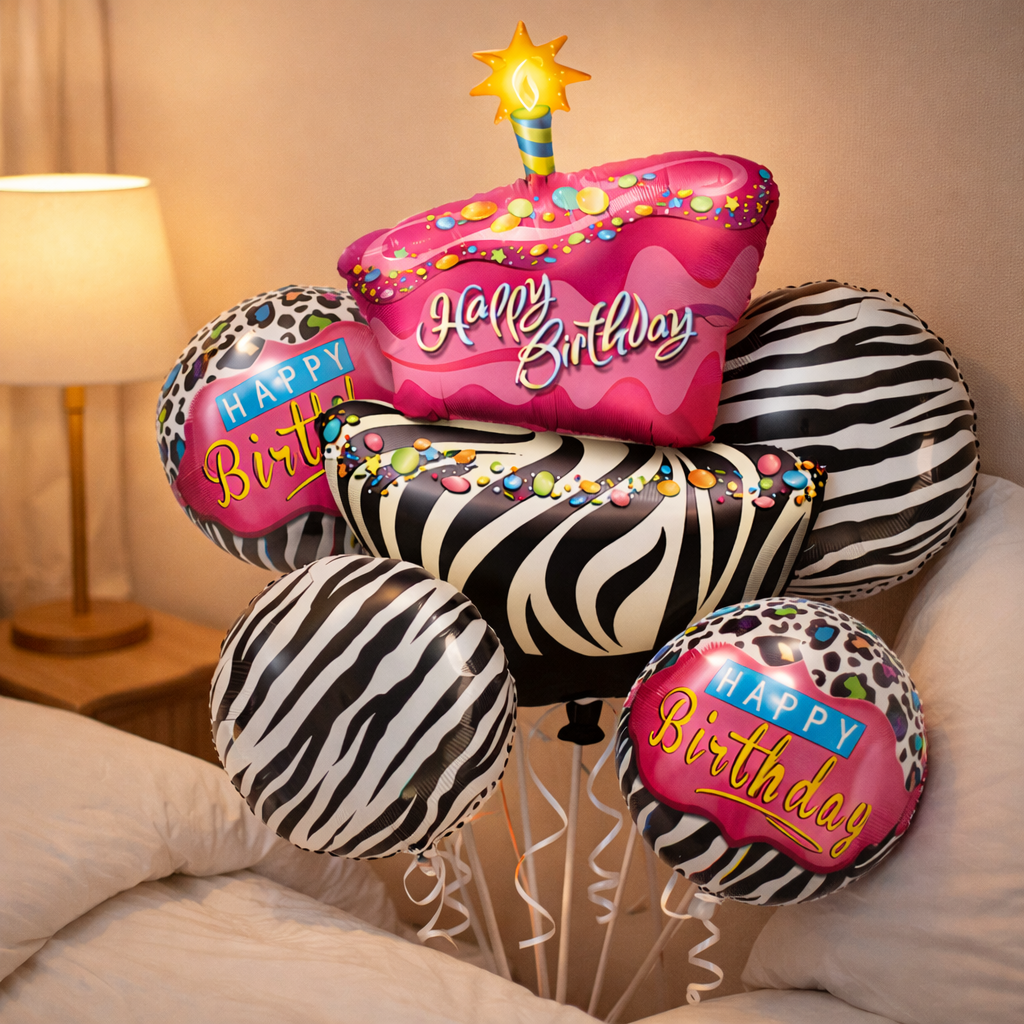 Happy Birthday Pink & Black Zebra Stripes Balloon