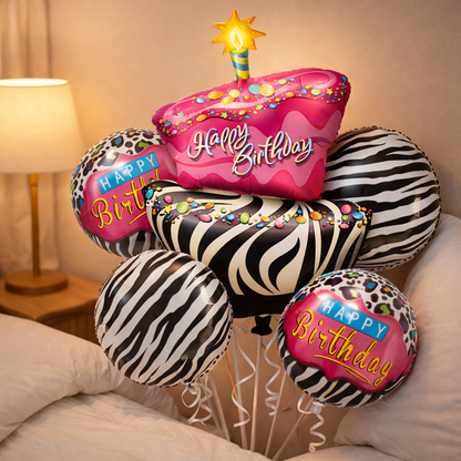 Happy Birthday Pink & Black Zebra Stripes Balloon