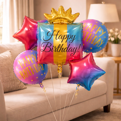 Happy Birthday Multicolor Helium Filled Foil Balloon Set of 5 | Pre-Inflated & Delivered | Birthday Decoration