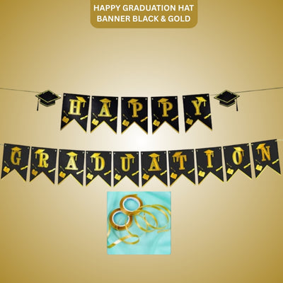 Happy Graduation Hat Banner Black Gold - Grad Party Decor | Wanna Party