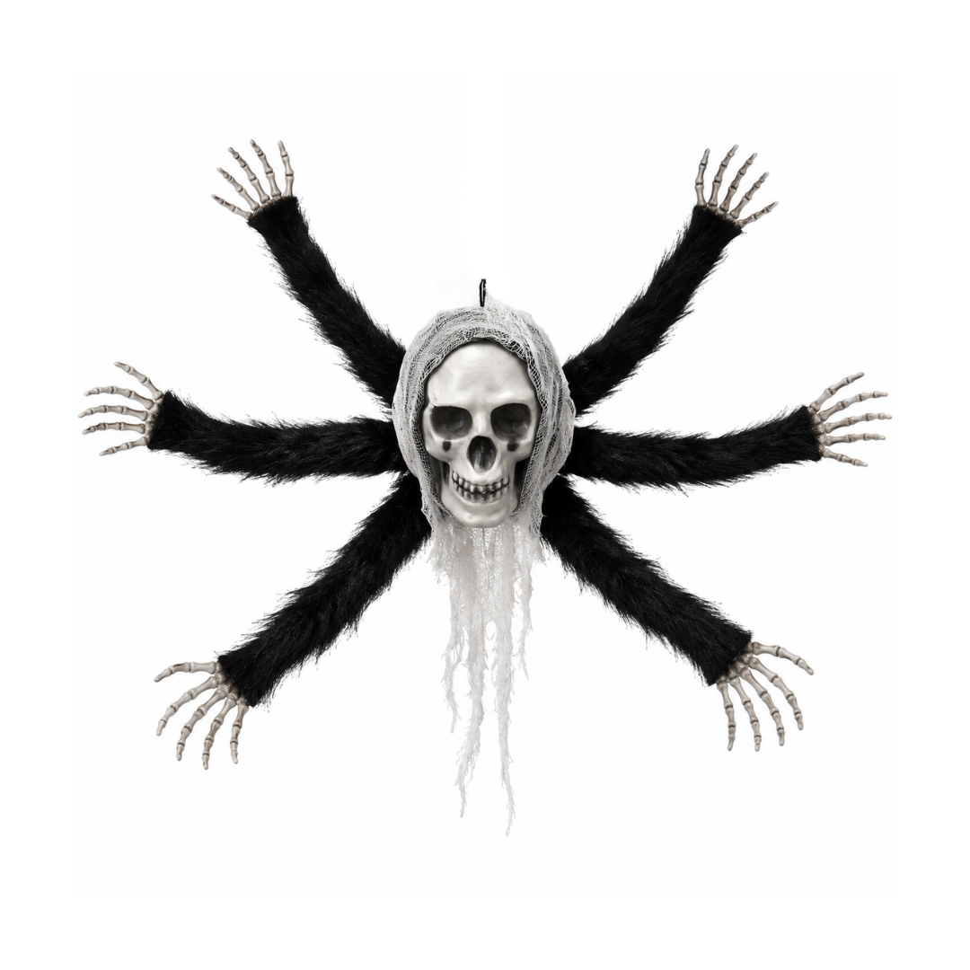 Hanging Skull Spider Decoration with Black Legs for Halloween & Theme Party Décor – 1FT – 1PC