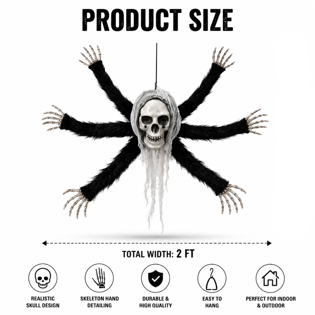 Hanging Skull Spider Decoration with Black Legs for Halloween & Theme Party Décor – 1FT – 1PC