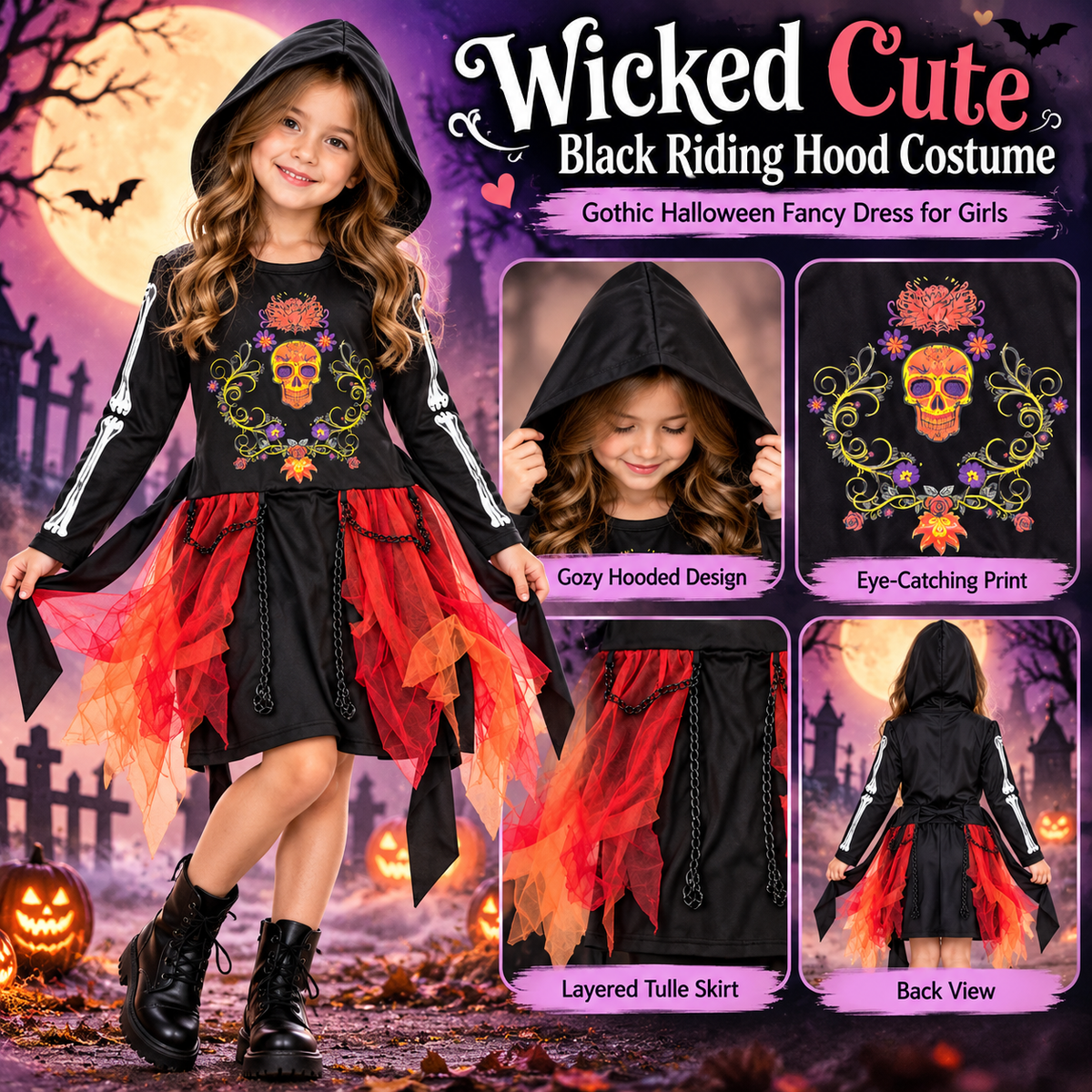 Wicked Cute Black Riding Hood Costume for Girls | Kids Gothic Halloween Fancy Dress – Age 7–9 Years