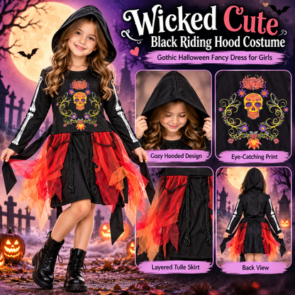 Wicked Cute Black Riding Hood Costume for Girls | Kids Gothic Halloween Fancy Dress – Age 7–9 Years