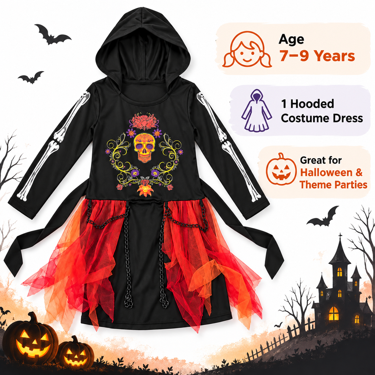 Wicked Cute Black Riding Hood Costume for Girls | Kids Gothic Halloween Fancy Dress – Age 7–9 Years