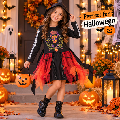 Wicked Cute Black Riding Hood Costume for Girls | Kids Gothic Halloween Fancy Dress – Age 7–9 Years