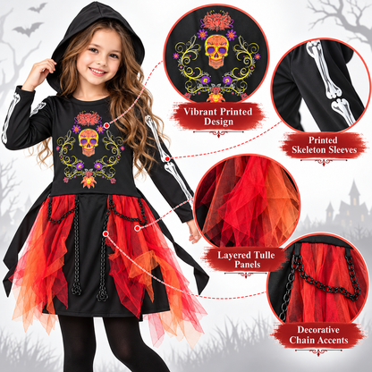 Wicked Cute Black Riding Hood Costume for Girls | Kids Gothic Halloween Fancy Dress – Age 7–9 Years