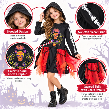 Wicked Cute Black Riding Hood Costume for Girls | Kids Gothic Halloween Fancy Dress – Age 7–9 Years