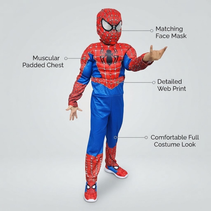 Deluxe Spiderman Muscular Costume with Mask for Kids - Superhero Fancy Dress - 1 Set