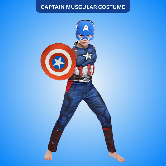 Captain America Muscular Costume with Face Mask & Shield for Kids - Size L (Age 8-10Years)