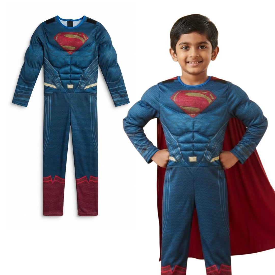 Classic Red & Blue Superhero Costume with Cape - Size M | Fancy Dress for Boys Age 6 to 8 Years
