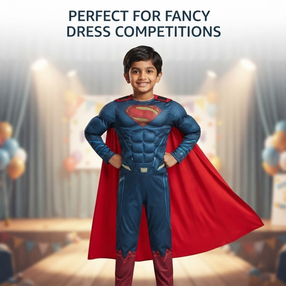 Classic Red & Blue Superhero Costume with Cape - Size M | Fancy Dress for Boys Age 6 to 8 Years