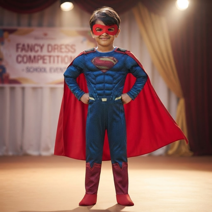 Classic Red & Blue Superhero Costume with Cape - Size M | Fancy Dress for Boys Age 6 to 8 Years