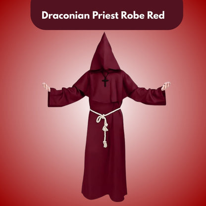 Draconian Priest Red Robe w/Rope, Hood and Cross Sign - Size L - Chest - 46 inches