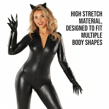 Adult Cat Leatherite Jumpsuit Costume w/Cat Mask -  Size XL - Bust - 38 inches