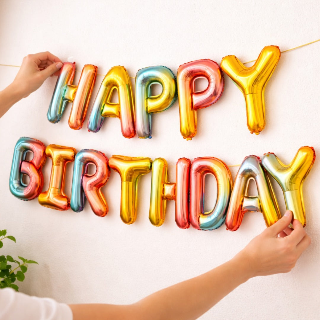 Iridescent Rainbow Color Happy Birthday Letter Balloons
