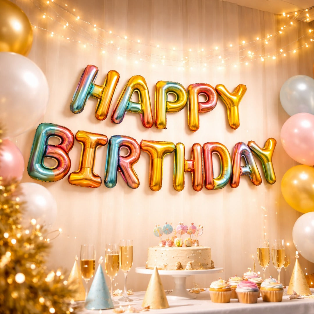 Iridescent Rainbow Color Happy Birthday Letter Balloons