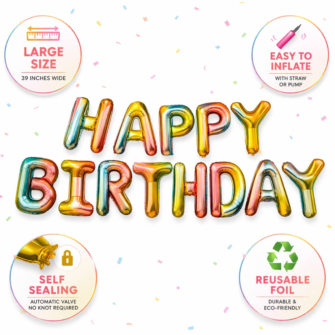 Iridescent Rainbow Color Happy Birthday Letter Balloons