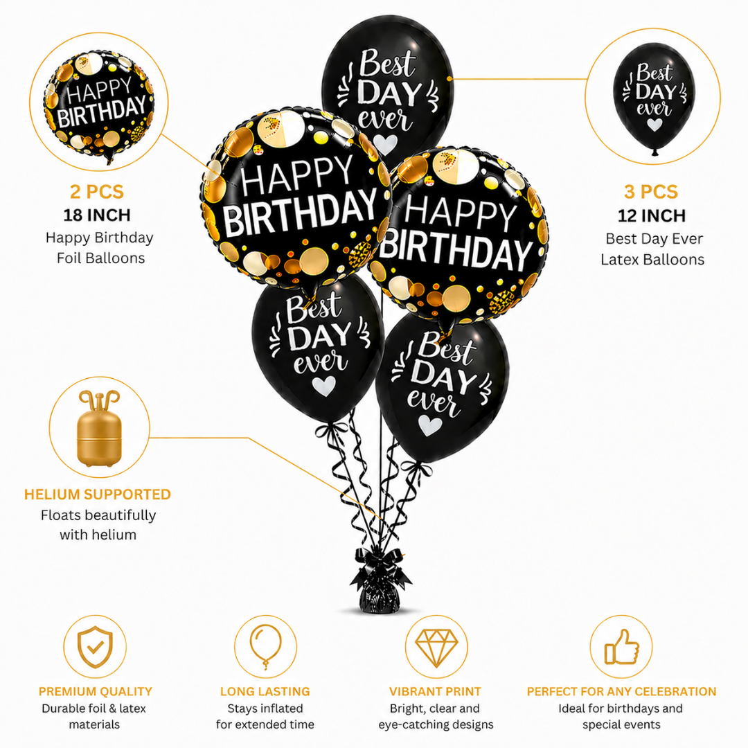 Best Day Ever Happy Birthday Black & White Balloon Set of 5 (Helium Filled & Delivered Inflated) | Birthday Decoration Balloons