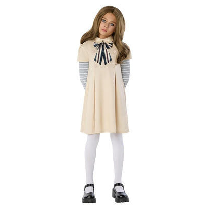 Megan Horror Movie Beige Fancy Costume w/ Grey & White Tshirt, Bow Tie and Stockings - Size M -  Age 5 to 7