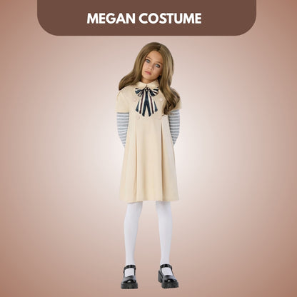 Megan Horror Movie Beige Fancy Costume w/ Grey & White Tshirt, Bow Tie and Stockings - Size M -  Age 5 to 7