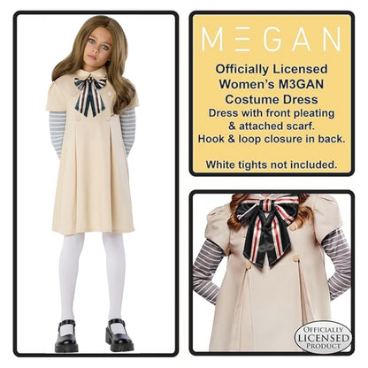 Megan Horror Movie Beige Fancy Costume w/ Grey & White Tshirt, Bow Tie and Stockings - Size M -  Age 5 to 7