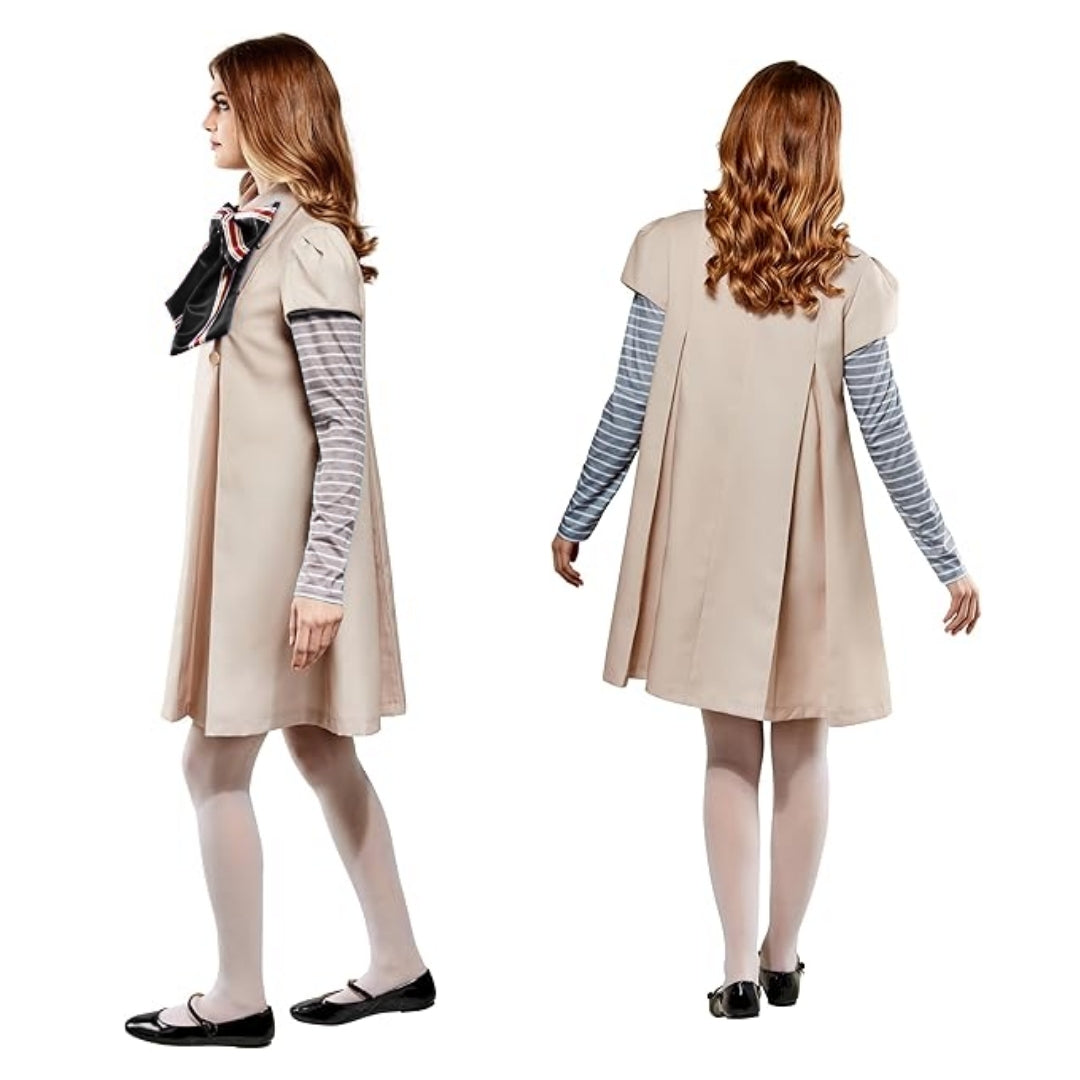Megan Horror Movie Beige Fancy Costume w/ Grey & White Tshirt, Bow Tie and Stockings - Size M -  Age 5 to 7