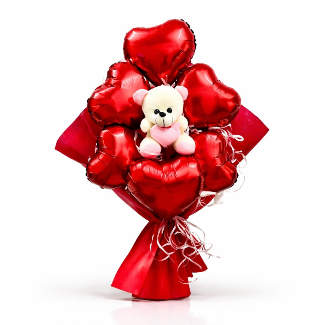 Red Heart Shape Foil Balloon w/ Small Pink Teddy Combo for Valentines Day/ Theme Party - 6PC