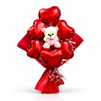 Red Heart Shape Foil Balloon w/ Small Pink Teddy Combo for Valentines Day/ Theme Party - 6PC