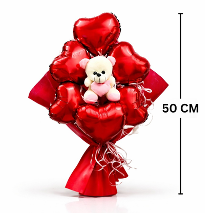 Red Heart Shape Foil Balloon w/ Small Pink Teddy Combo for Valentines Day/ Theme Party - 6PC