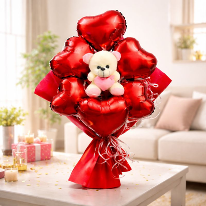 Red Heart Shape Foil Balloon w/ Small Pink Teddy Combo for Valentines Day/ Theme Party - 6PC