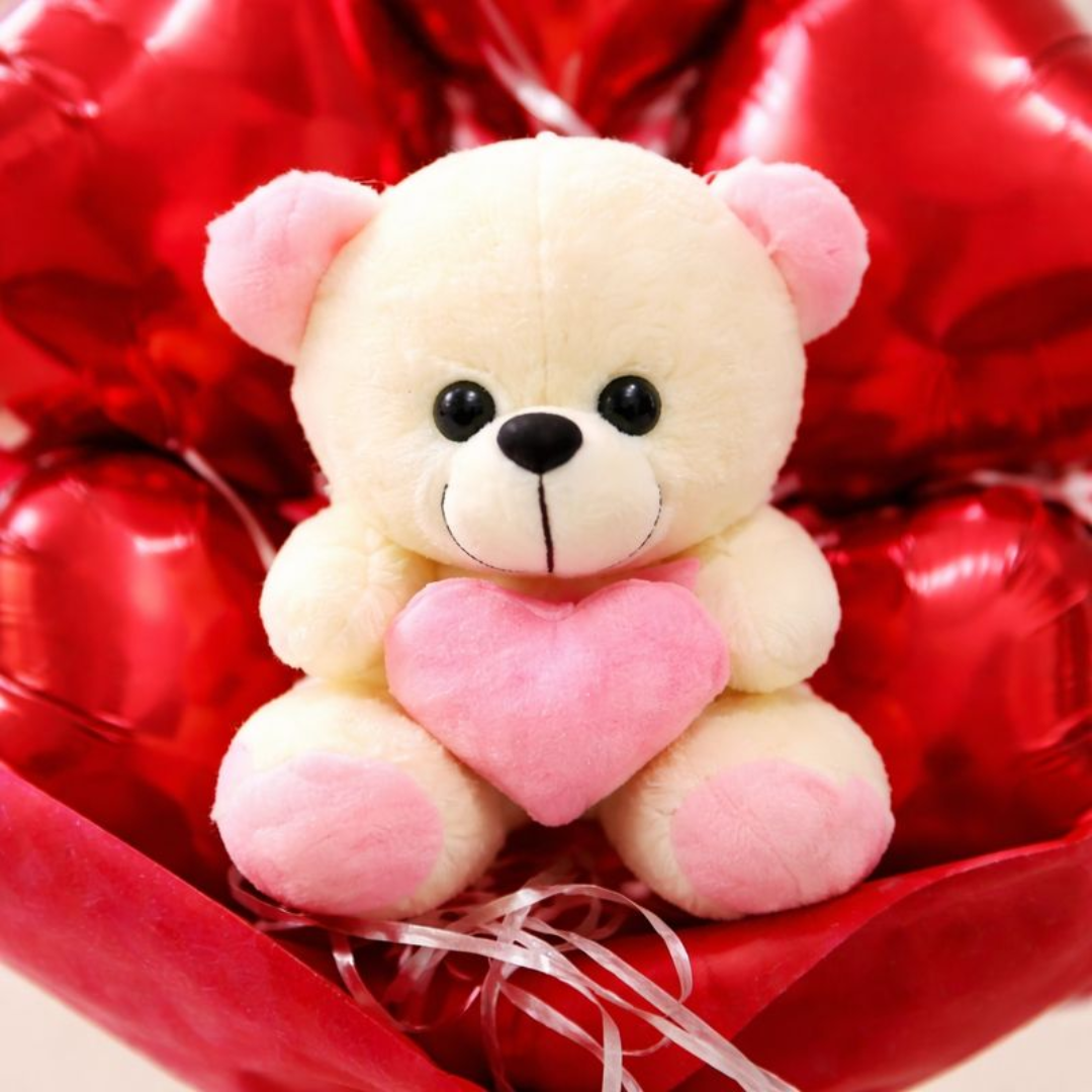 Red Heart Shape Foil Balloon w/ Small Pink Teddy Combo for Valentines Day/ Theme Party - 6PC