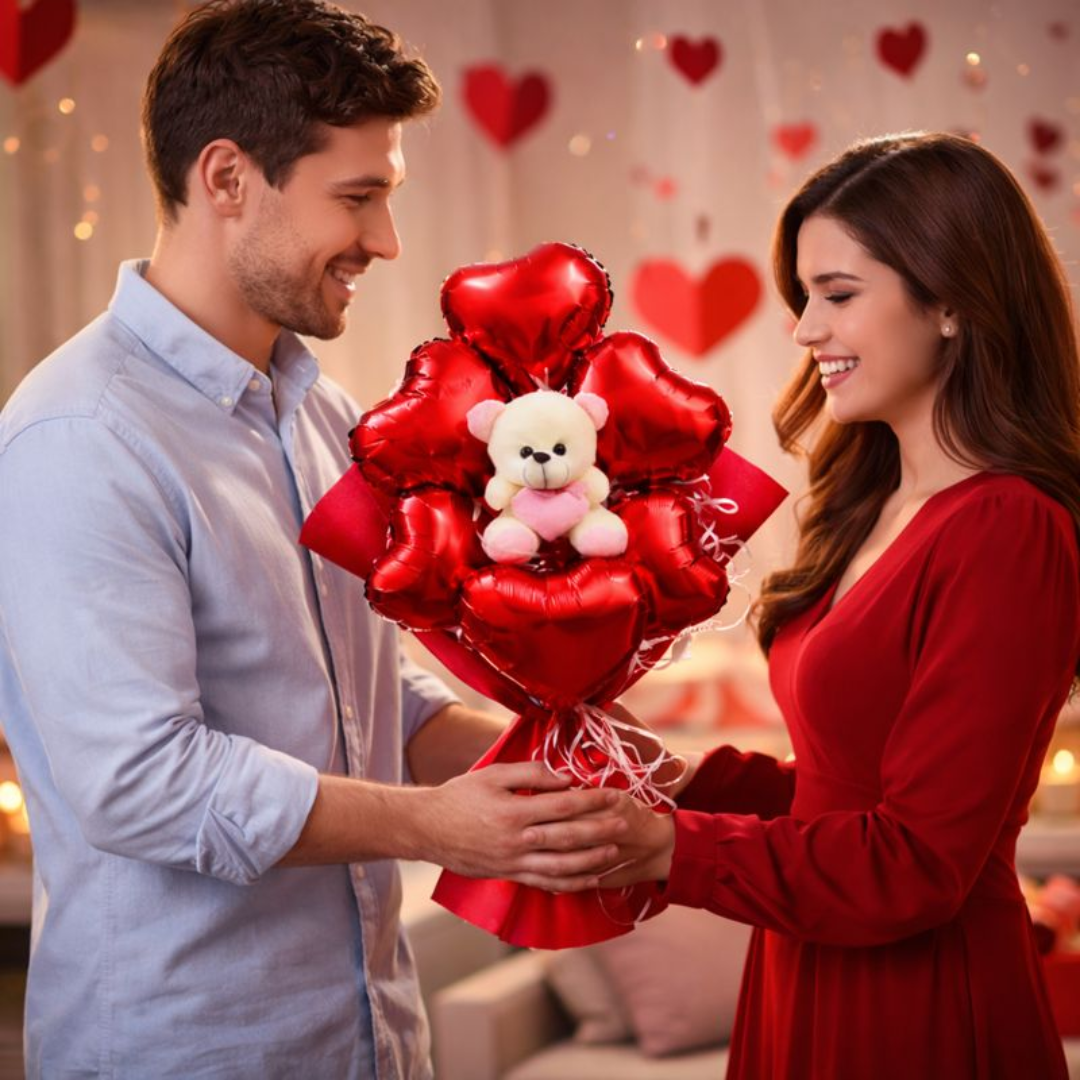 Red Heart Shape Foil Balloon w/ Small Pink Teddy Combo for Valentines Day/ Theme Party - 6PC