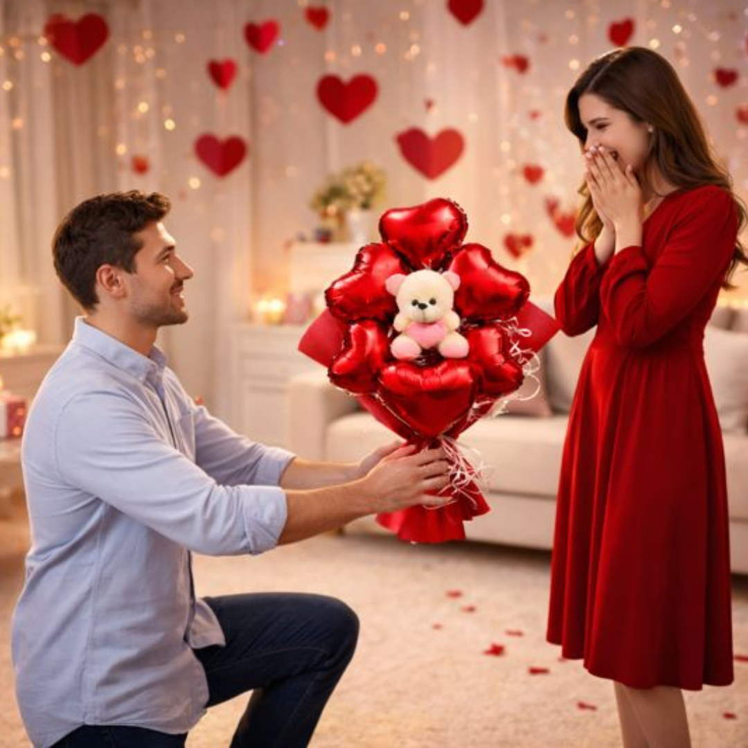 Red Heart Shape Foil Balloon w/ Small Pink Teddy Combo for Valentines Day/ Theme Party - 6PC