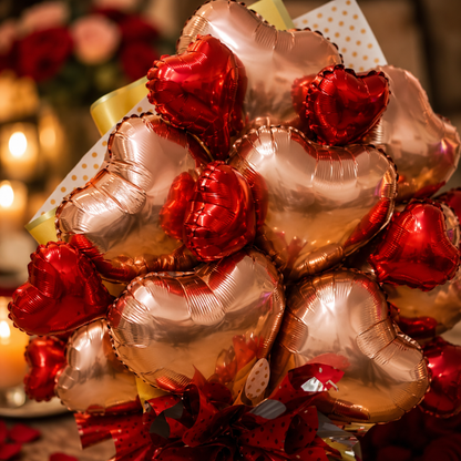 Rose Gold & Red Heart Foil Balloon Bouquet Set | Air Filled & Delivered Inflated | Romantic & Surprise Gift Bouquet